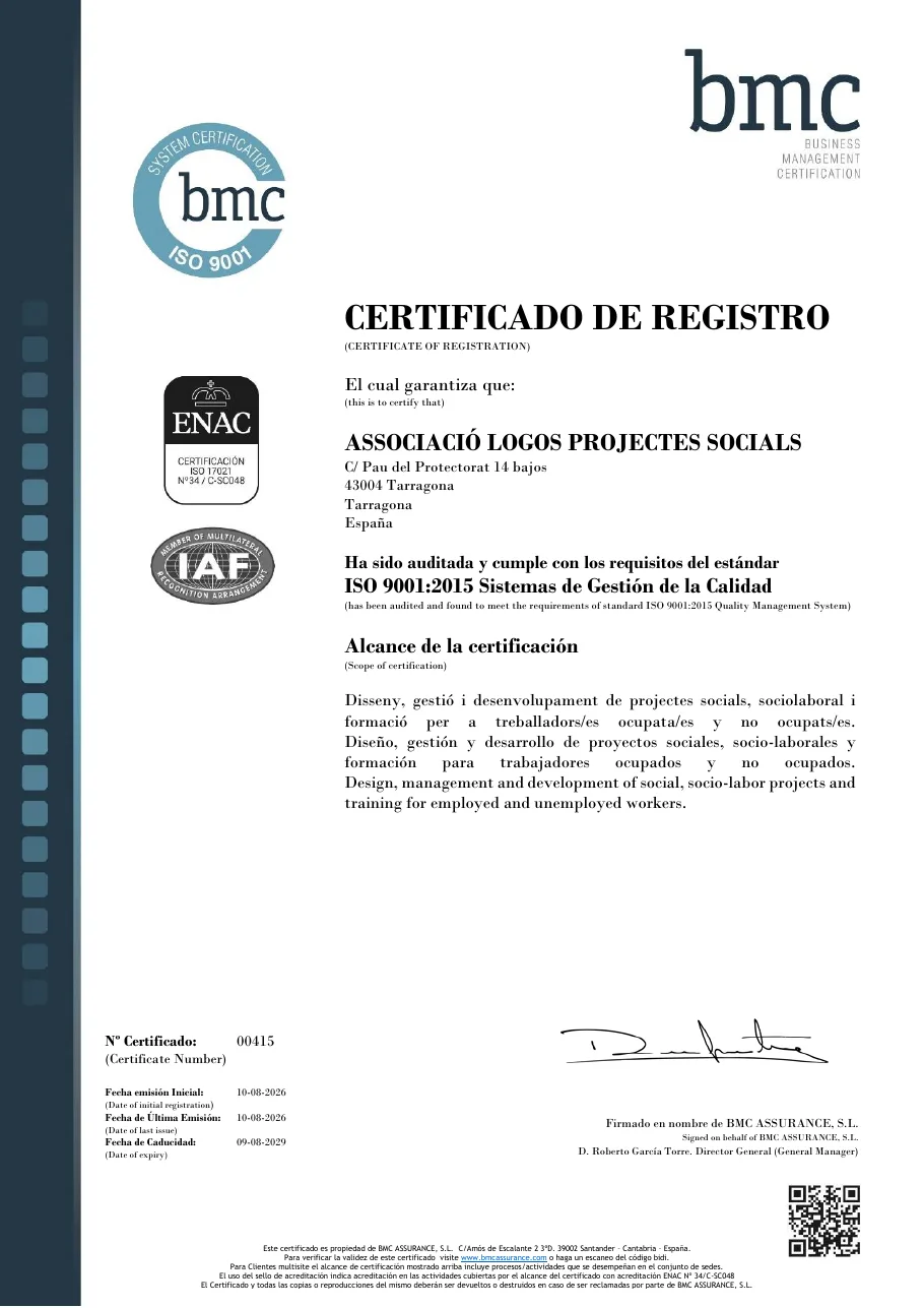 Certificat ISO 9001:2015 de Logos